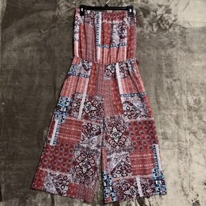 Purple‎ Snow Women's Patchwork Print Strapless Wide Leg Jumpsuit Cropped Size L